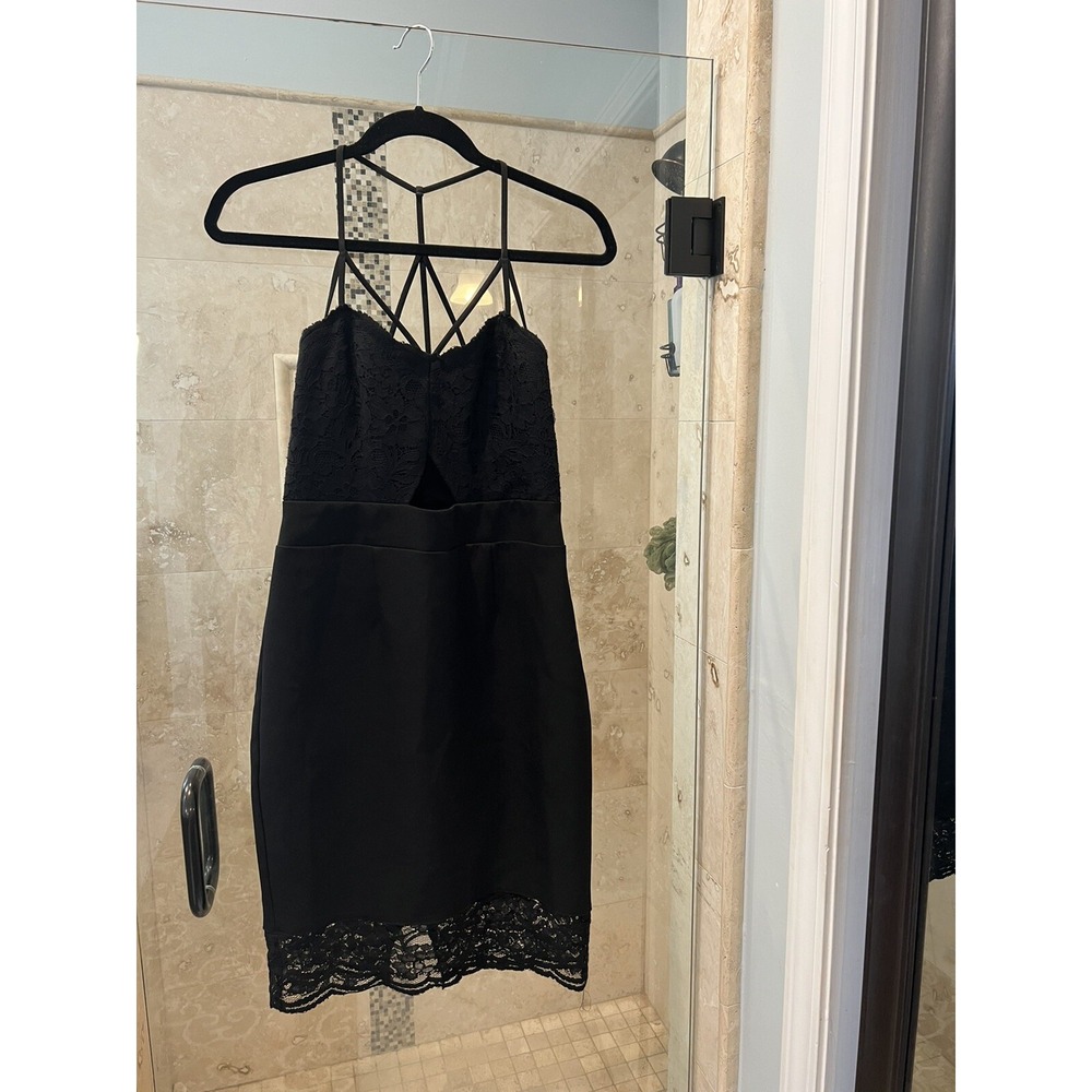 Express Dress Womens 6 Black Lace Midi Spaghetti Strap Cross Back Cut Out Pencil